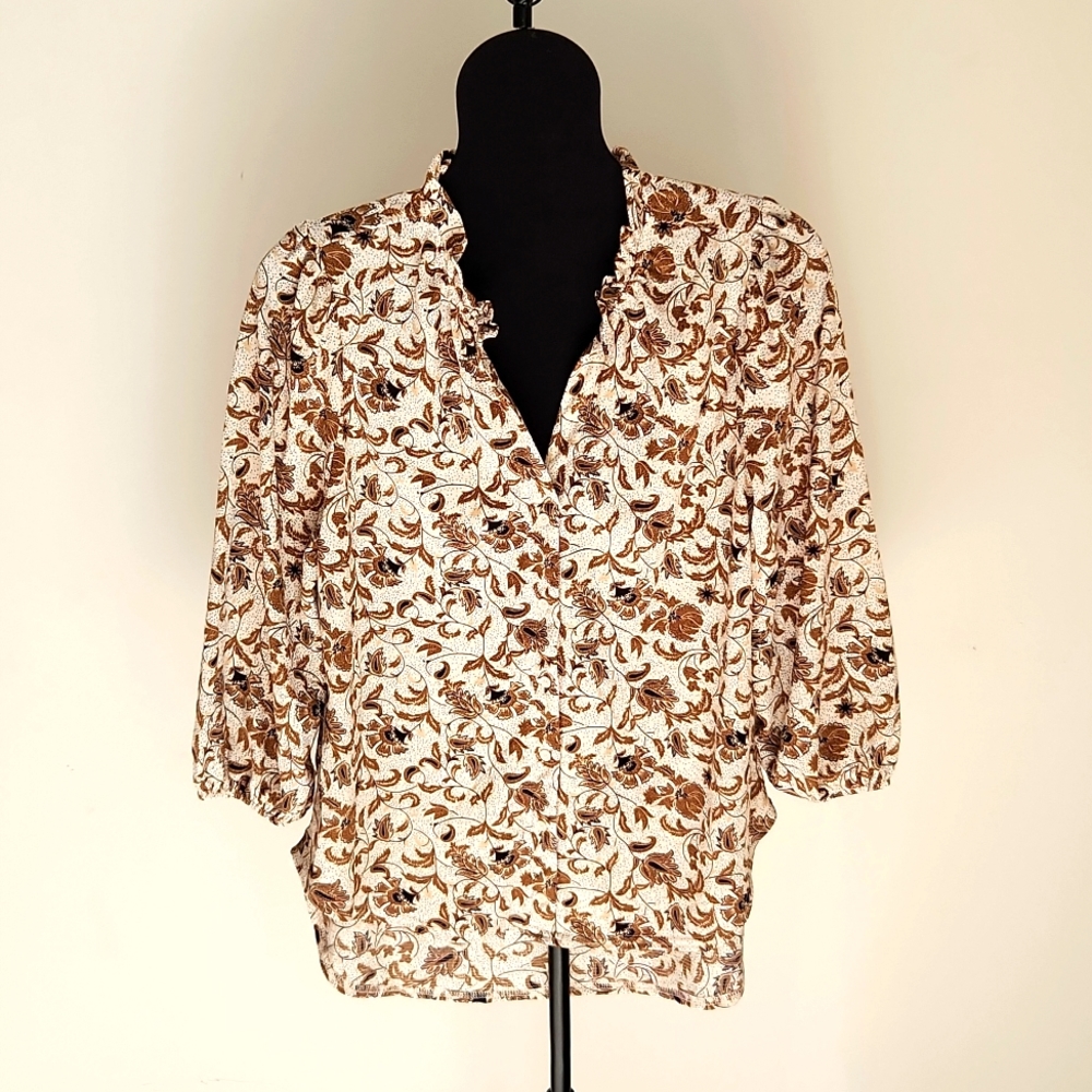 Melloday, buttoned down blouse, size large, cream and brown floral, 3/4 sleeve.